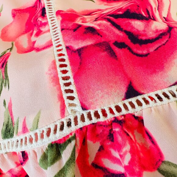 May & July Hot Pink and Green Floral Rose Short Sleeve Peplum Crop Blouse S - Picture 6 of 11